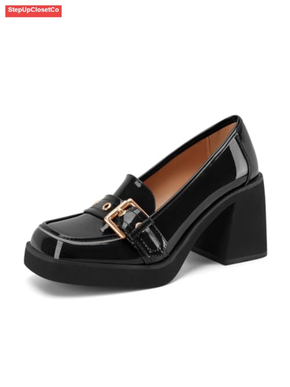 Platform Chunky Loafers Square Closed Toe Block Heel Faux Leather